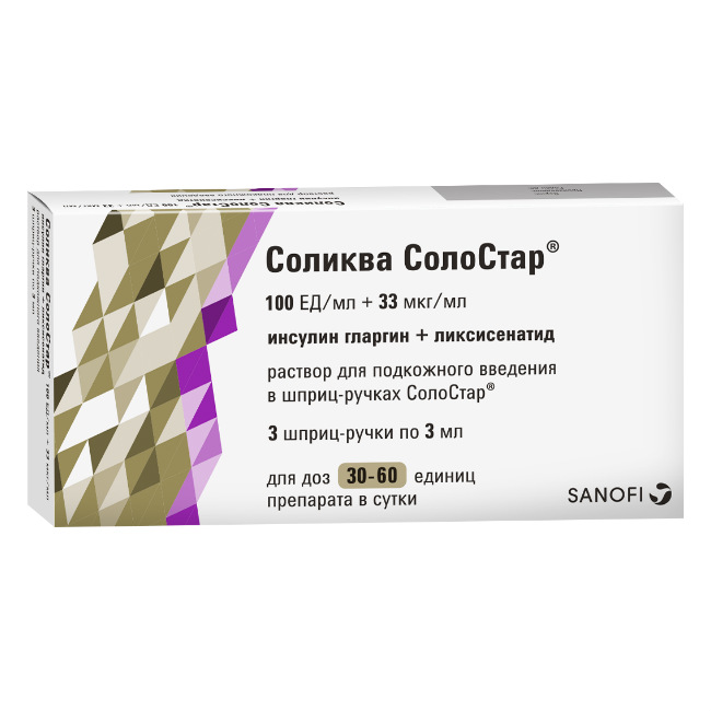 Соликва СолоСтар шприц-ручка 100ЕД/мл+33мкг/мл 3,0 № 3